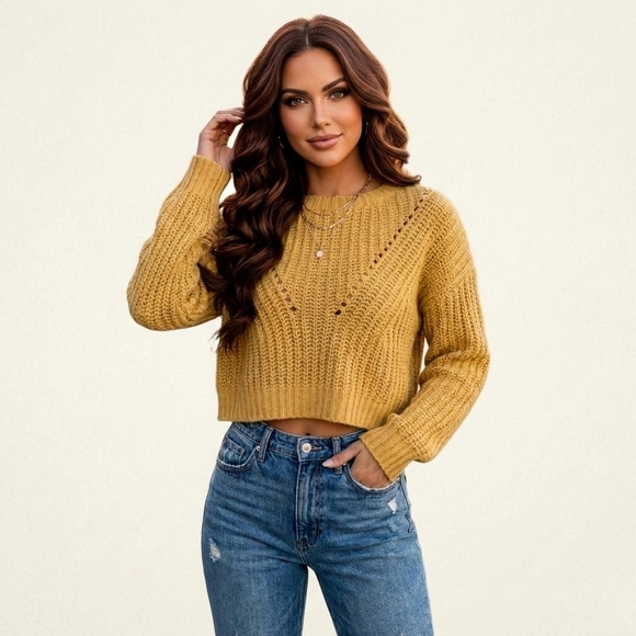 Love Tree Sweaters - Love Tree Mustard Yellow Crew Neck Sweater.